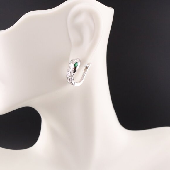 Women's Sterling Silver Serpent Hoop Earrings with Green CZ Eyes Huggie Style ** - Picture 10 of 11
